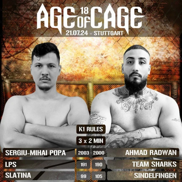 AGE OF CAGE 18

Das lange warten hat ein Ende nun steht der Gegner von Ahmad @acho_584 endlich fest.
Heavyweight K-1 C-Klasse. We are Ready 🔥
Vielen Dank an Sascha @petrajtis 

#kickboxing #k1kickboxing #fighter #sindelfingen #böblingen #07031