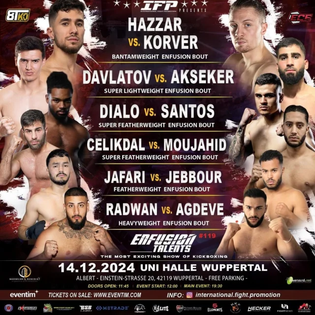 🚨 3 weeks to go 🔥🔥🔥
Fight Card  I Co-Main Event Enfusion Talents #119

Ahmad Radwan @acho_584 im Hauptprogramm zu sehen K-1 HW

🗓 Samstag 14. Dezember 2024 I Uni Halle Wuppertal

Tickets sind ab sofort erhältlich bei uns im GYM 💪🏼

Infos zur Fightcard folgt..
https://international-fight-promotion.com
https://enfusionlive.com/

#kickboxing #k1kickboxing #fighter #enfusion #sindelfingen
